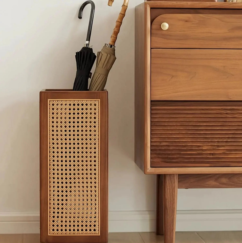 Umbrella Stand | Rubberwood Frame & Rattan Weave | 20 In Height