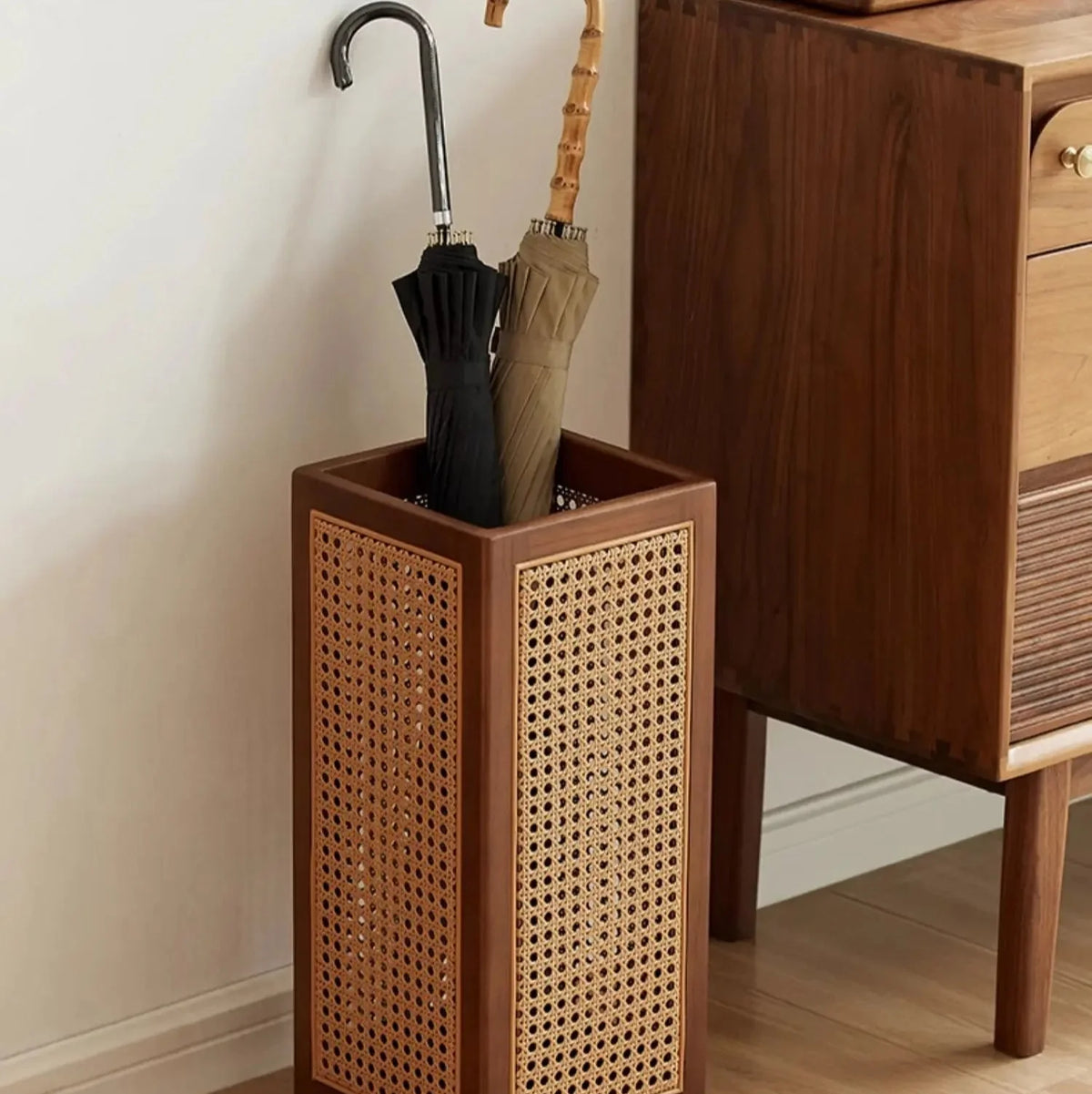 Umbrella Stand | Rubberwood Frame & Rattan Weave | 20 In Height