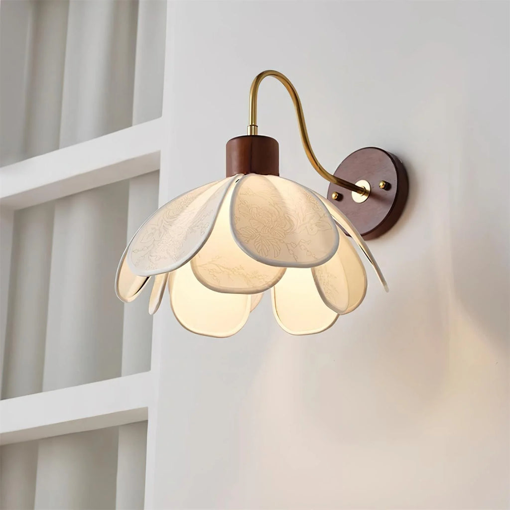 Wall Lamp | Carved Floral Petal Shade & Brass Arm