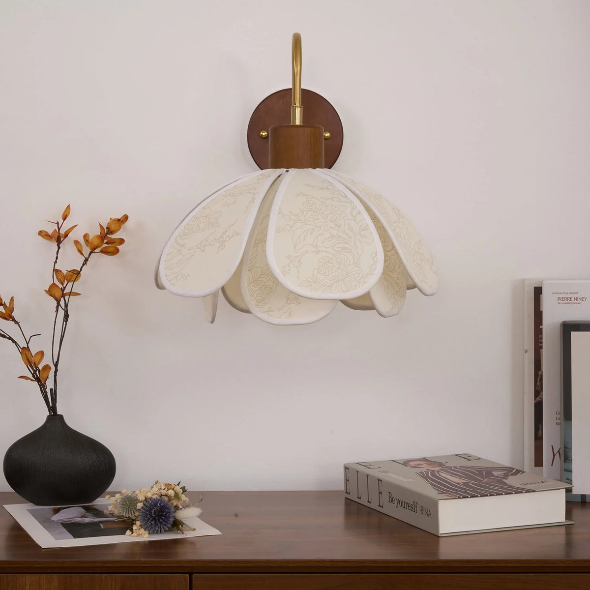 Wall Lamp | Carved Floral Petal Shade & Brass Arm