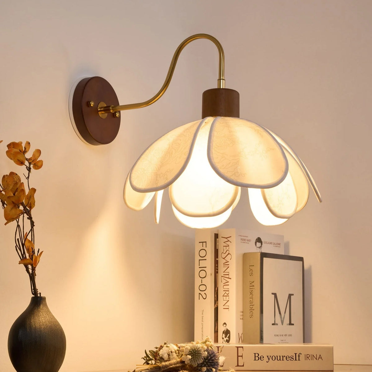 Wall Lamp | Carved Floral Petal Shade & Brass Arm