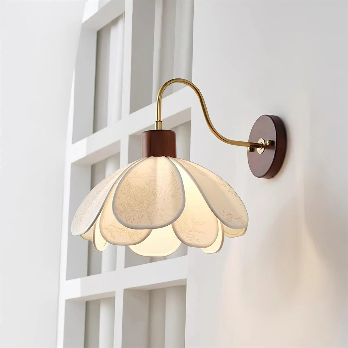 Wall Lamp | Carved Floral Shade & Brass Arm