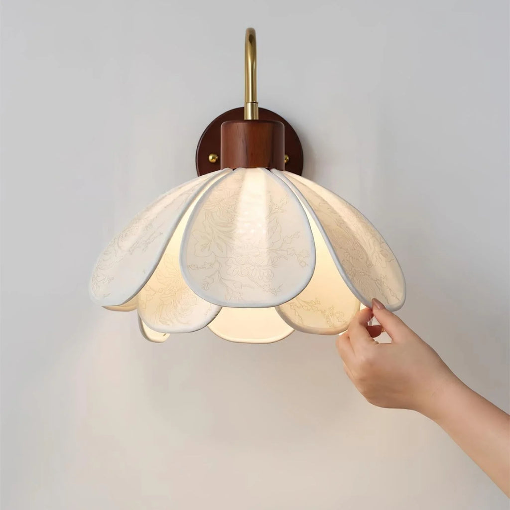 Wall Lamp | Carved Floral Shade & Brass Arm