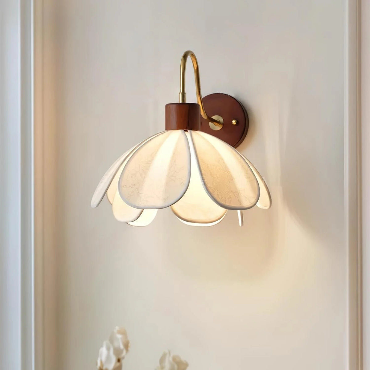 Wall Lamp | Carved Floral Shade & Brass Arm