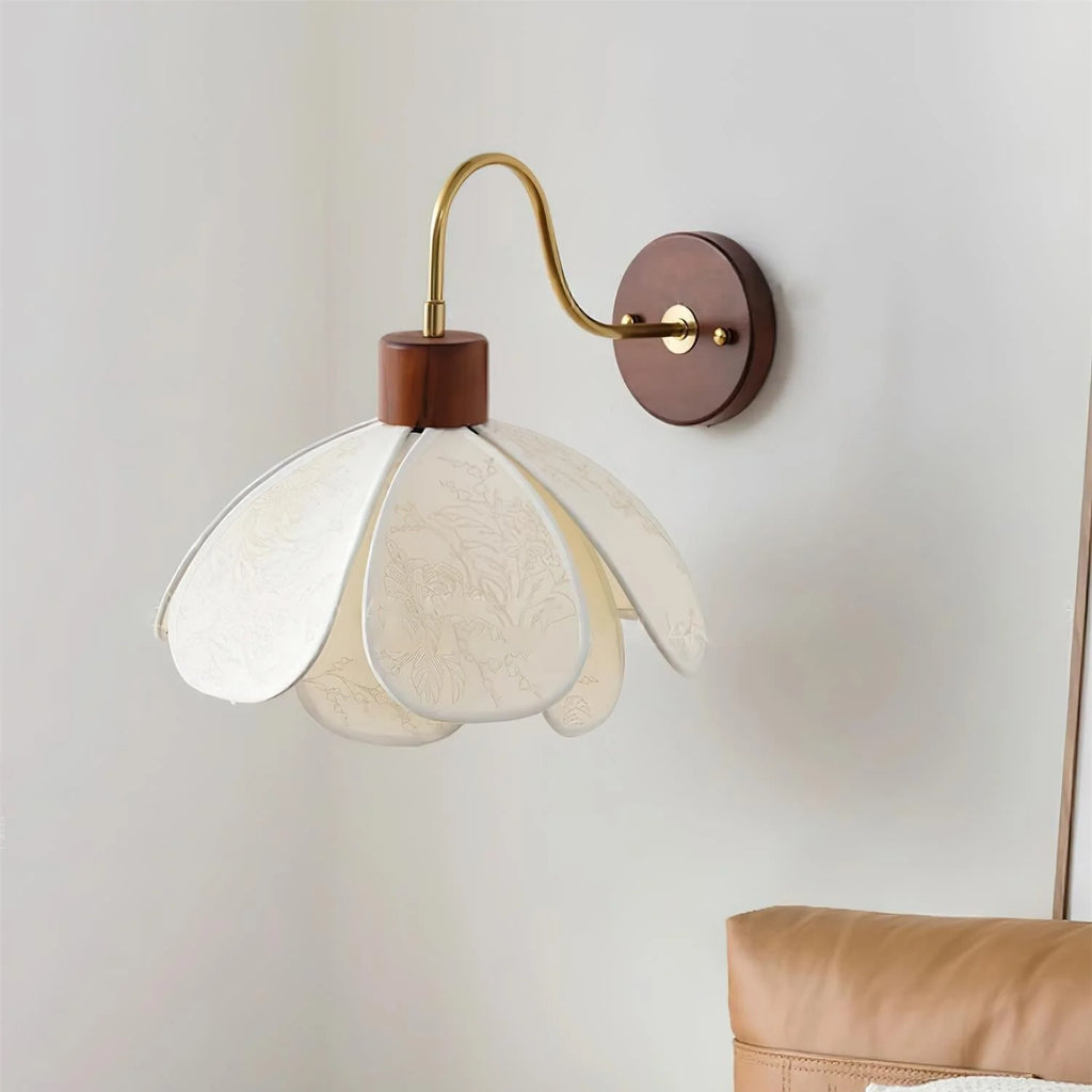 Wall Lamp | Carved Floral Shade & Brass Arm