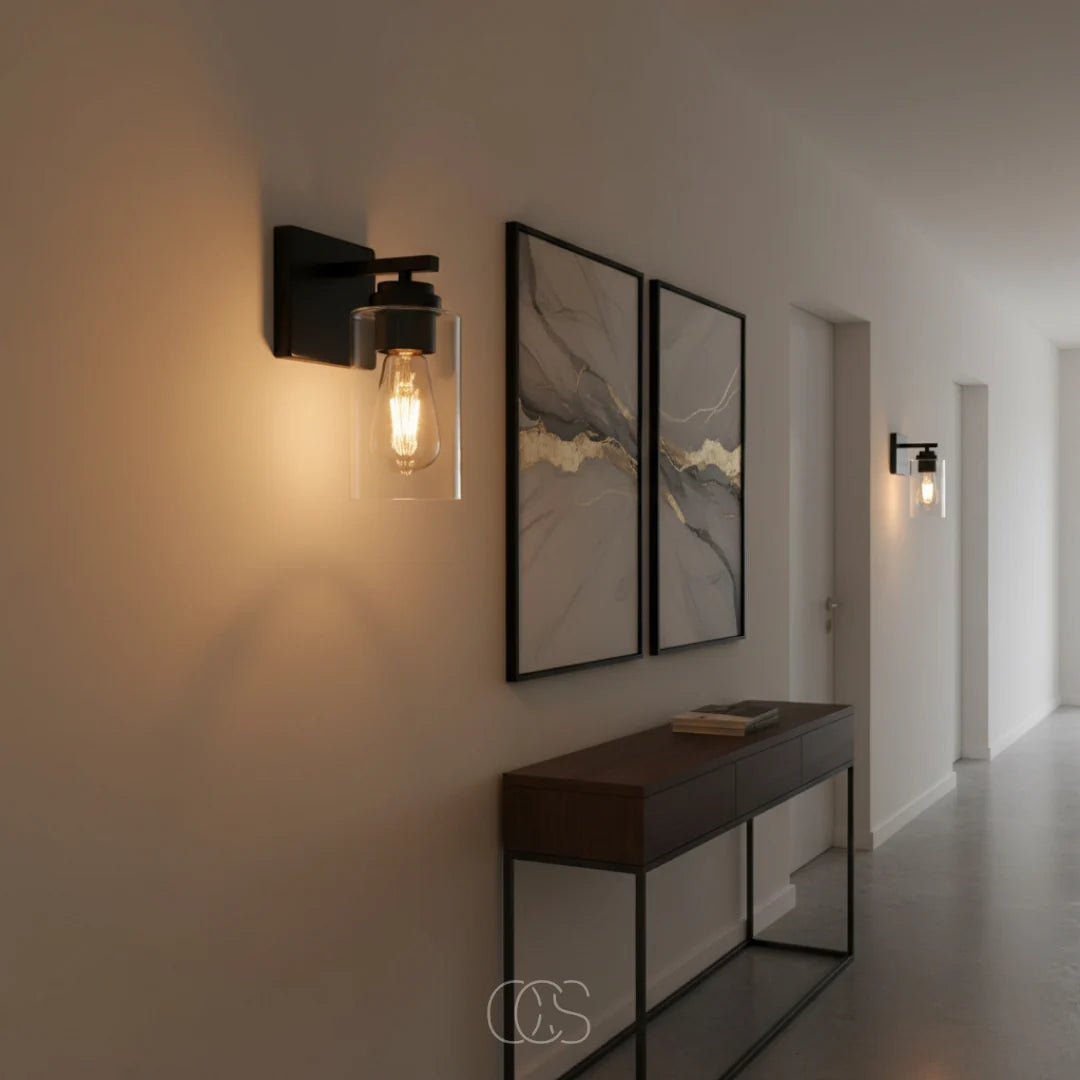 Wall Lamp | Clear Glass Shade & Matte Black Metal | E27 Fitting