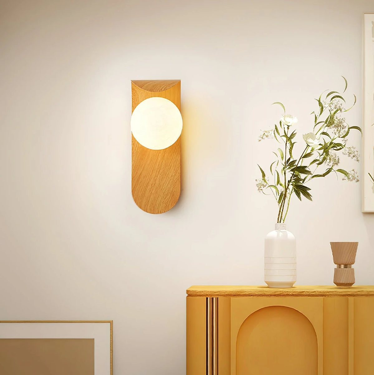 Wall Lamp | Curved Wood-Effect Base & Glass Globe