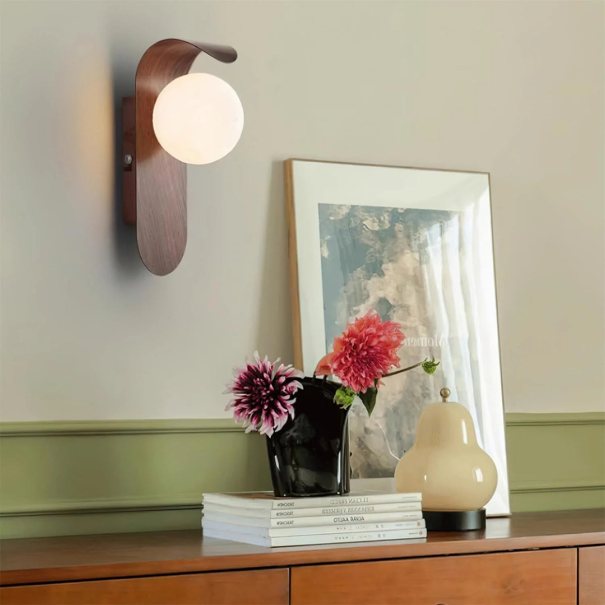 Wall Lamp | Curved Wood-Effect Base & Glass Globe