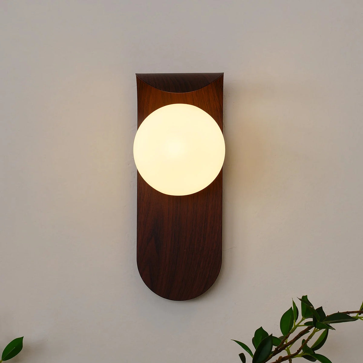 Wall Lamp | Curved Wood-Effect Base & Glass Globe