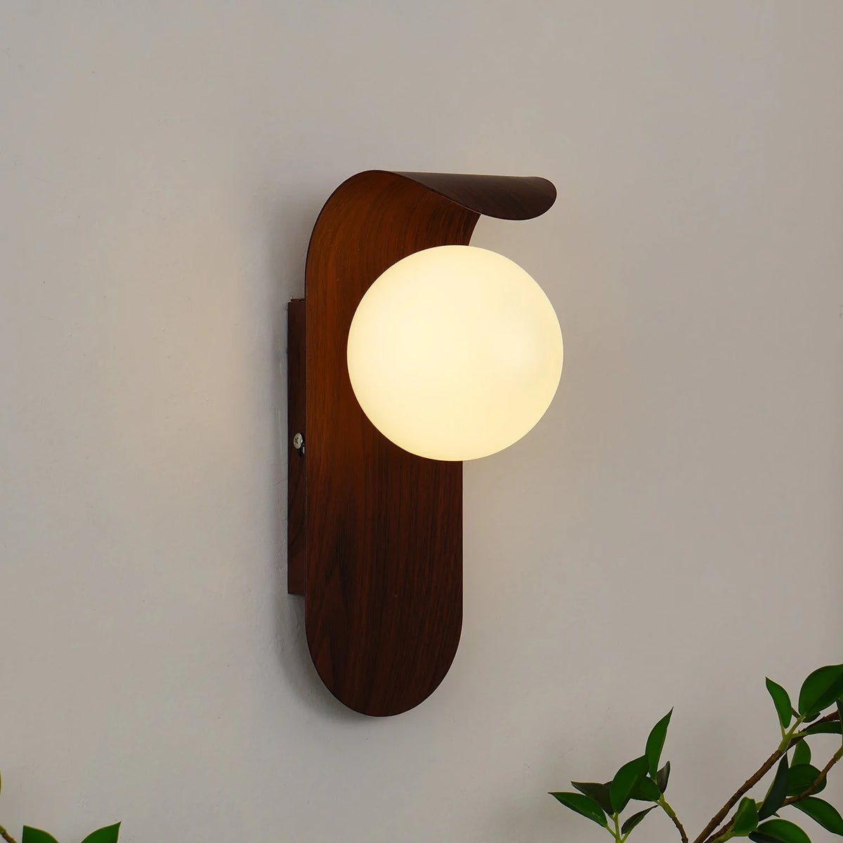 Wall Lamp | Curved Wood-Effect Base & Glass Globe