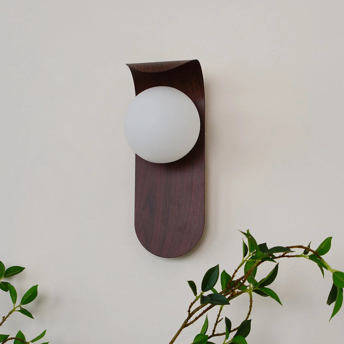 Wall Lamp | Curved Wood-Effect Base & Glass Globe