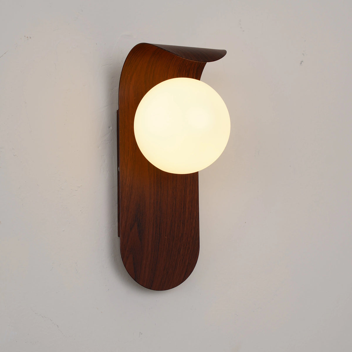 Wall Lamp | Curved Wood-Effect Base & Glass Globe