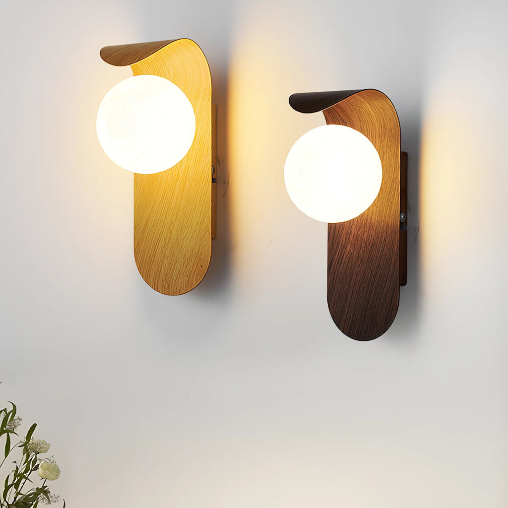 Wall Lamp | Curved Wood-Effect Base & Glass Globe