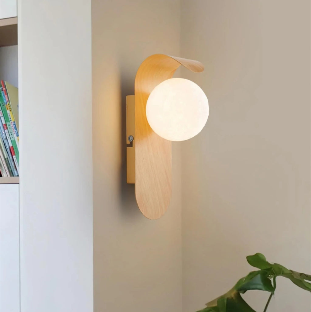 Wall Lamp | Curved Wood-Effect Base & Glass Globe