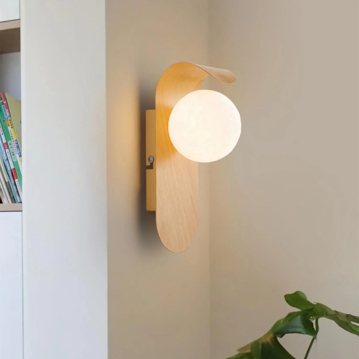 Wall Lamp | Curved Wood-Effect Base & Glass Globe