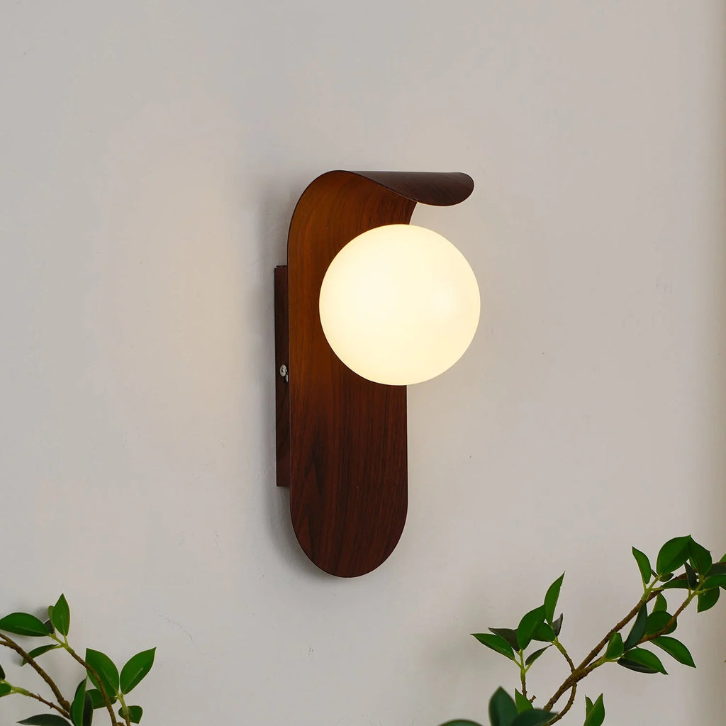 Wall Lamp | Curved Wood-Effect Base & Glass Globe