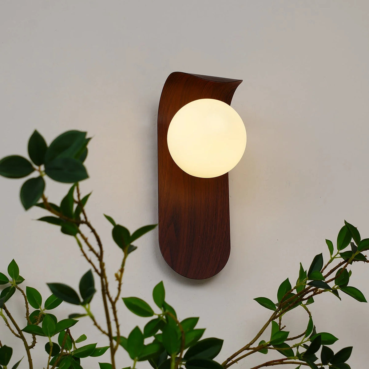 Wall Lamp | Curved Wood-Effect Base & Glass Globe