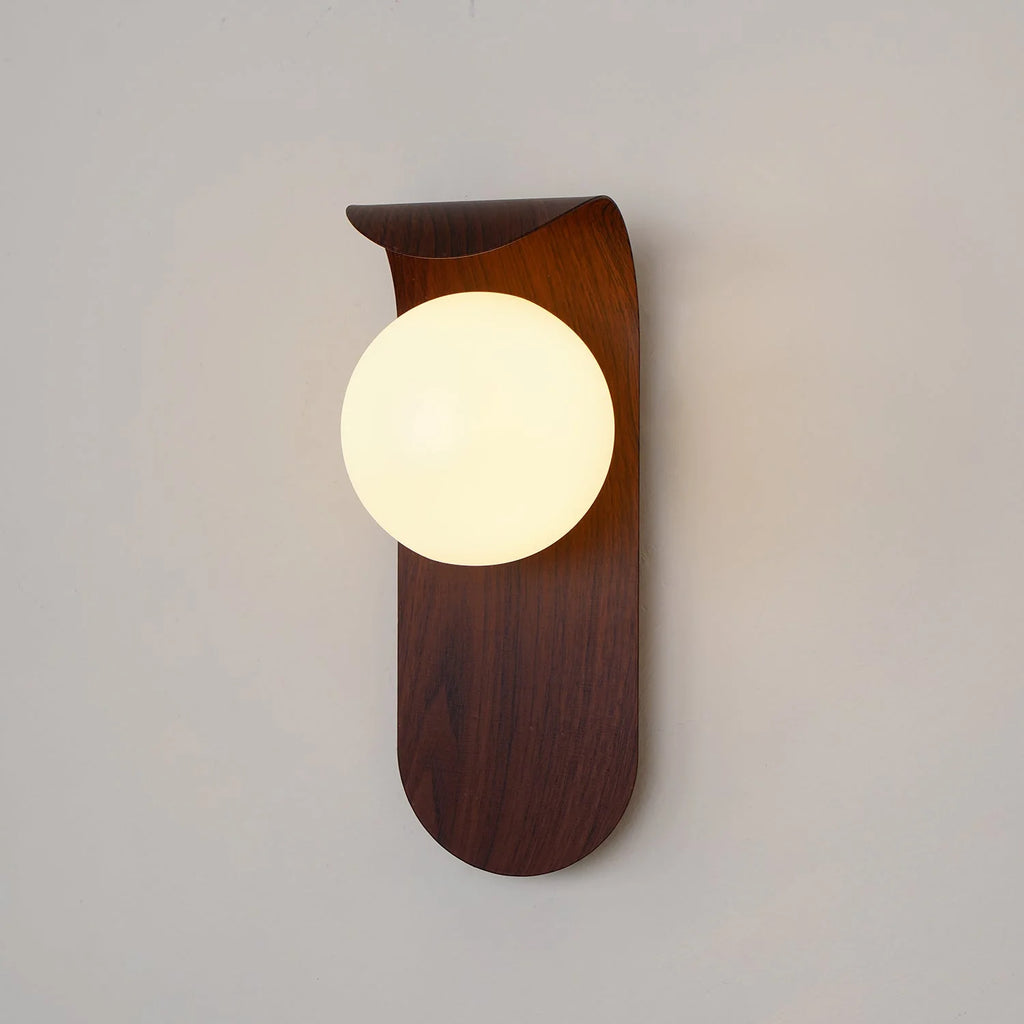 Wall Lamp | Curved Wood-Effect Base & Glass Globe