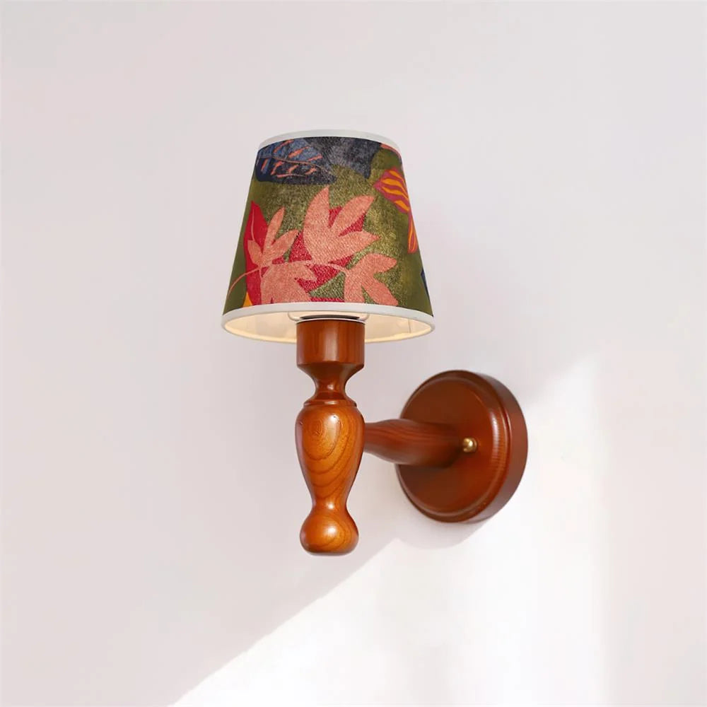Wall Lamp | Floral Fabric Shade & Wood Frame | Dimmer-Compatible