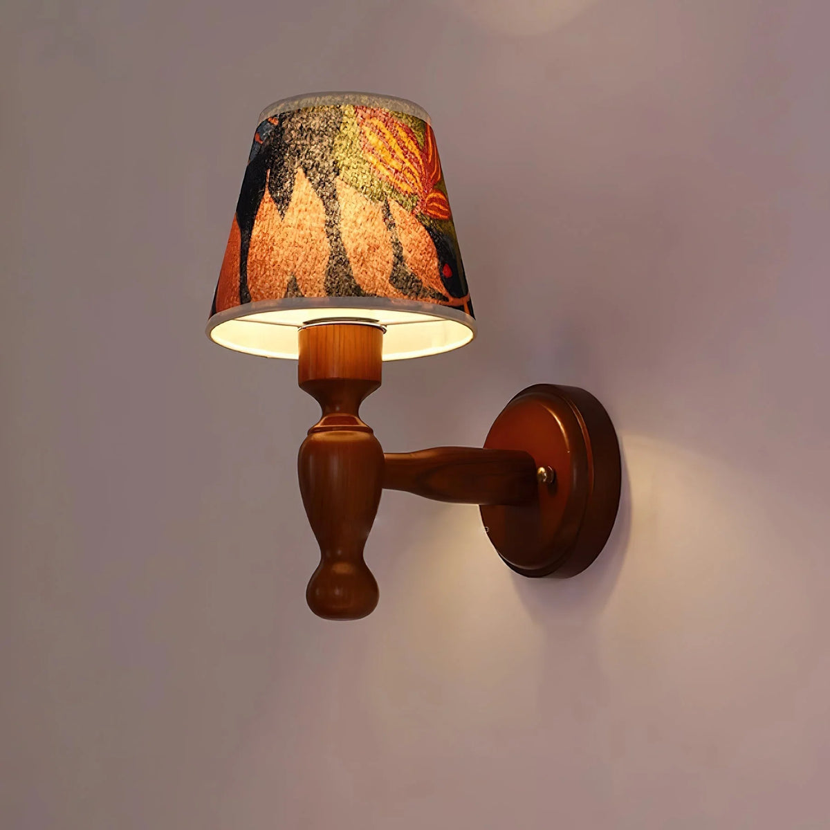 Wall Lamp | Floral Fabric Shade & Wood Frame | Dimmer-Compatible