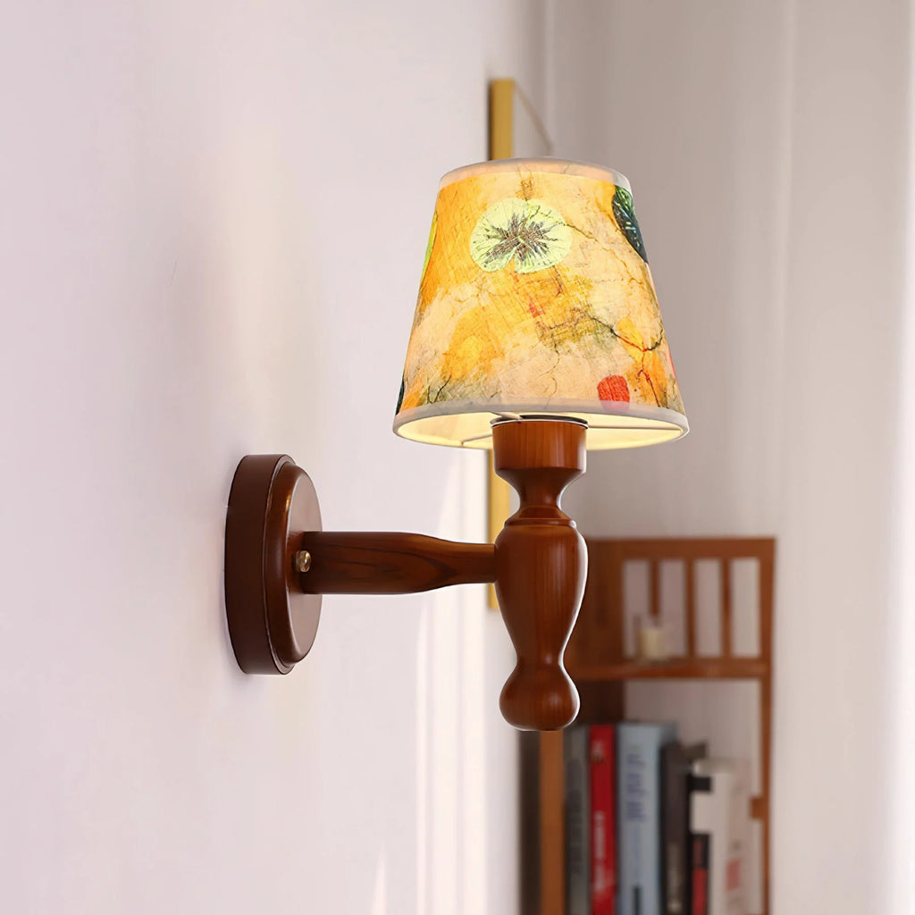 Wall Lamp | Floral Fabric Shade & Wood Frame | Dimmer-Compatible
