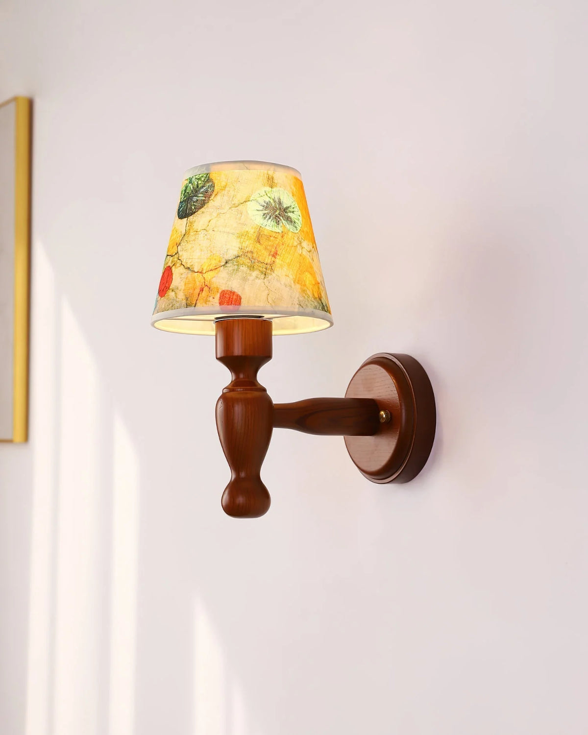 Wall Lamp | Floral Fabric Shade & Wood Frame | Dimmer-Compatible
