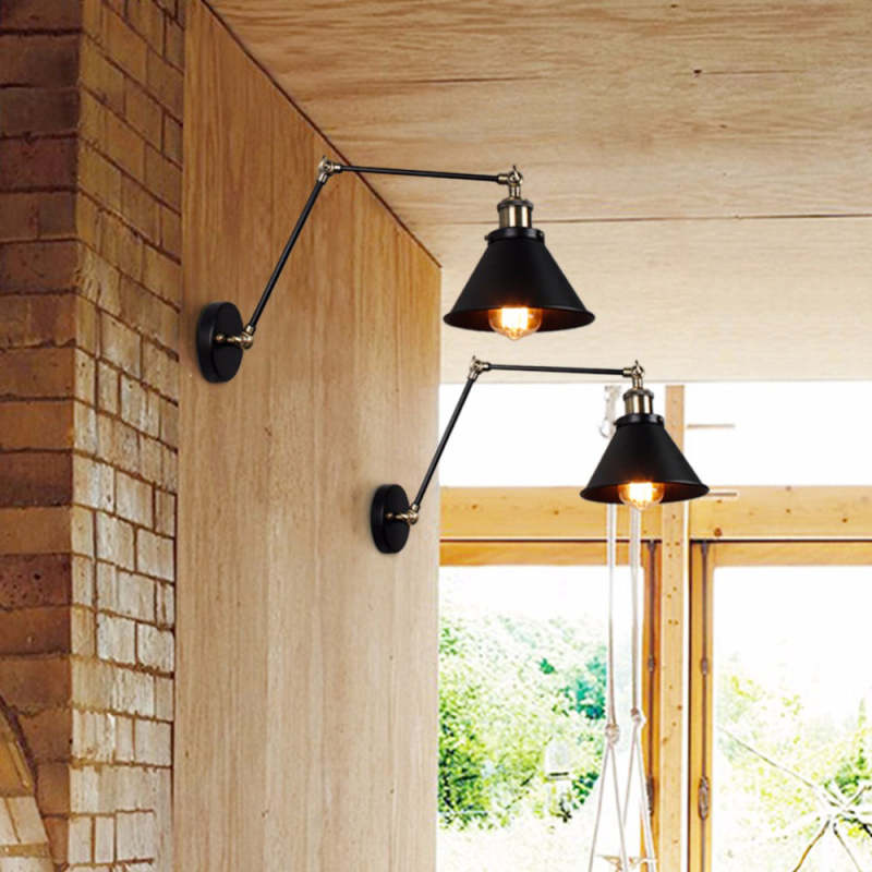Wall Lamp | Metal Cone Shade & Adjustable Swing Arm | Black & Gold
