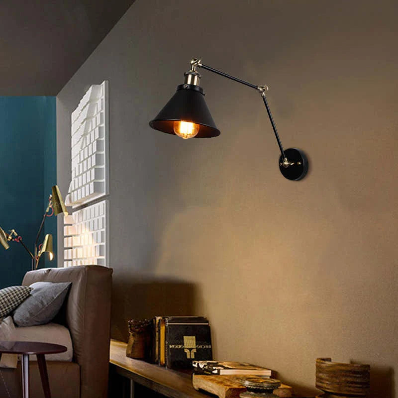 Wall Lamp | Metal Cone Shade & Adjustable Swing Arm | Black & Gold