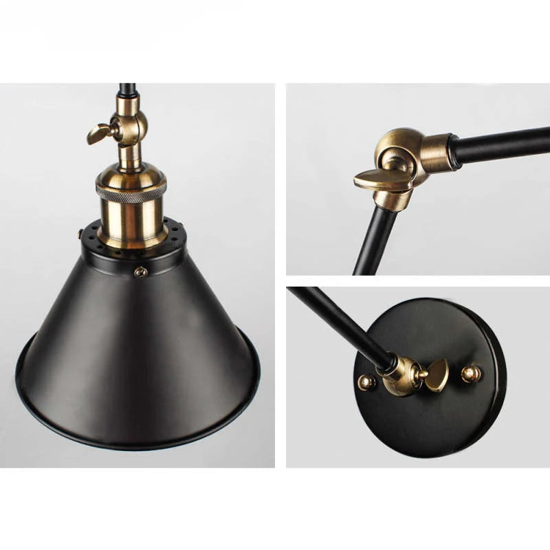Wall Lamp | Metal Cone Shade & Adjustable Swing Arm | Black & Gold
