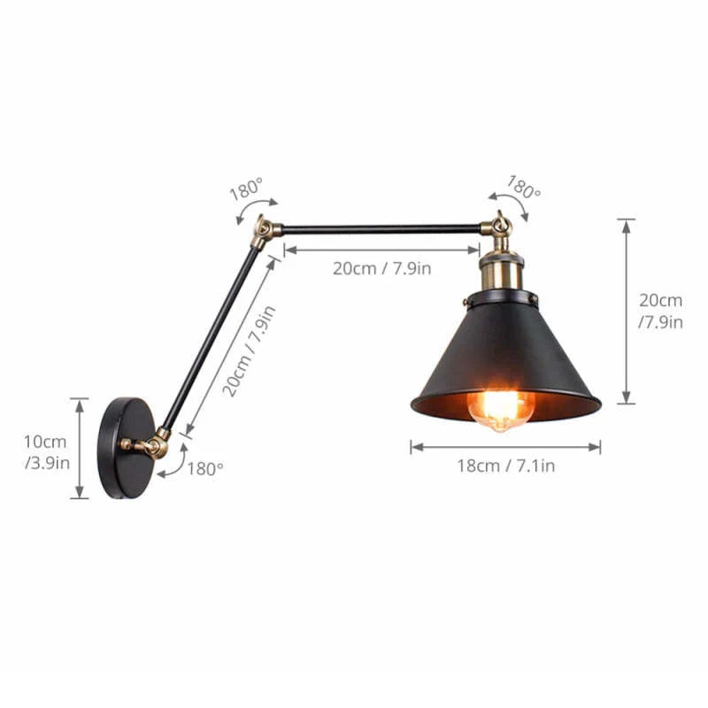 Wall Lamp | Metal Cone Shade & Adjustable Swing Arm | Black & Gold