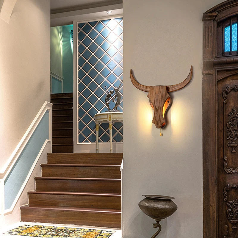 Wall Lamp | Rustic Solid Wood Cow Head & Built-In LED | 52 cm Wide
