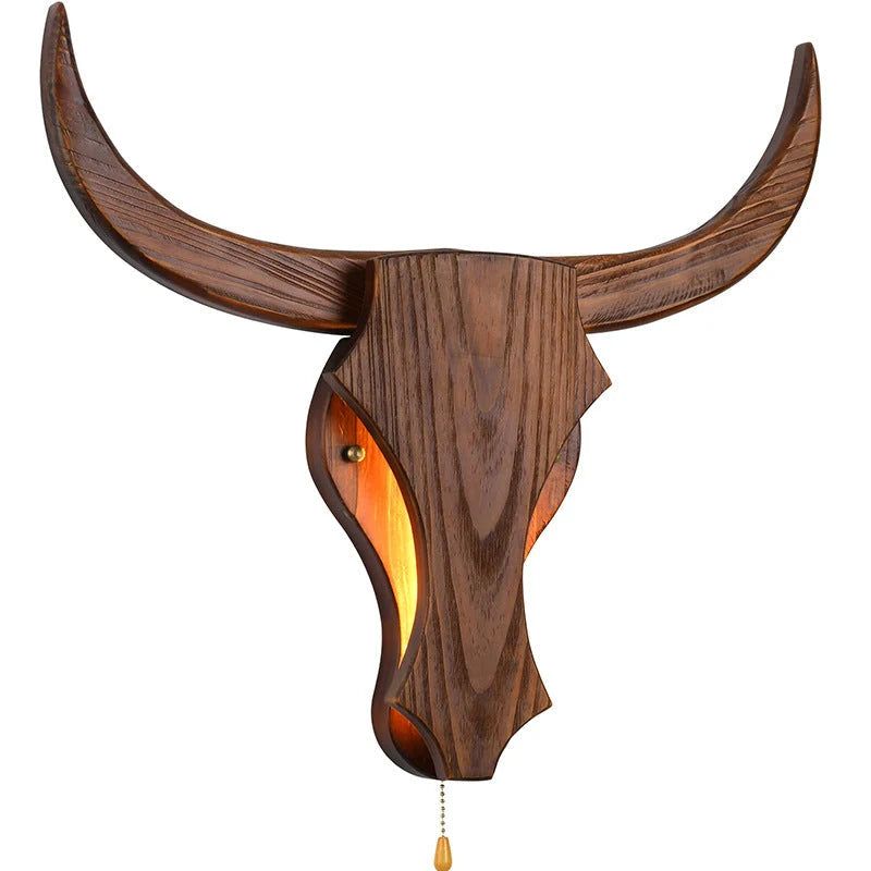 Wall Lamp | Rustic Solid Wood Cow Head & Built-In LED | 52 cm Wide