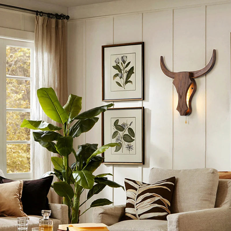 Wall Lamp | Rustic Solid Wood Cow Head & Built-In LED | 52 cm Wide