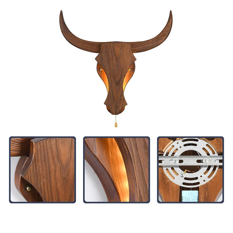 Wall Lamp | Rustic Solid Wood Cow Head & Built-In LED | 52 cm Wide