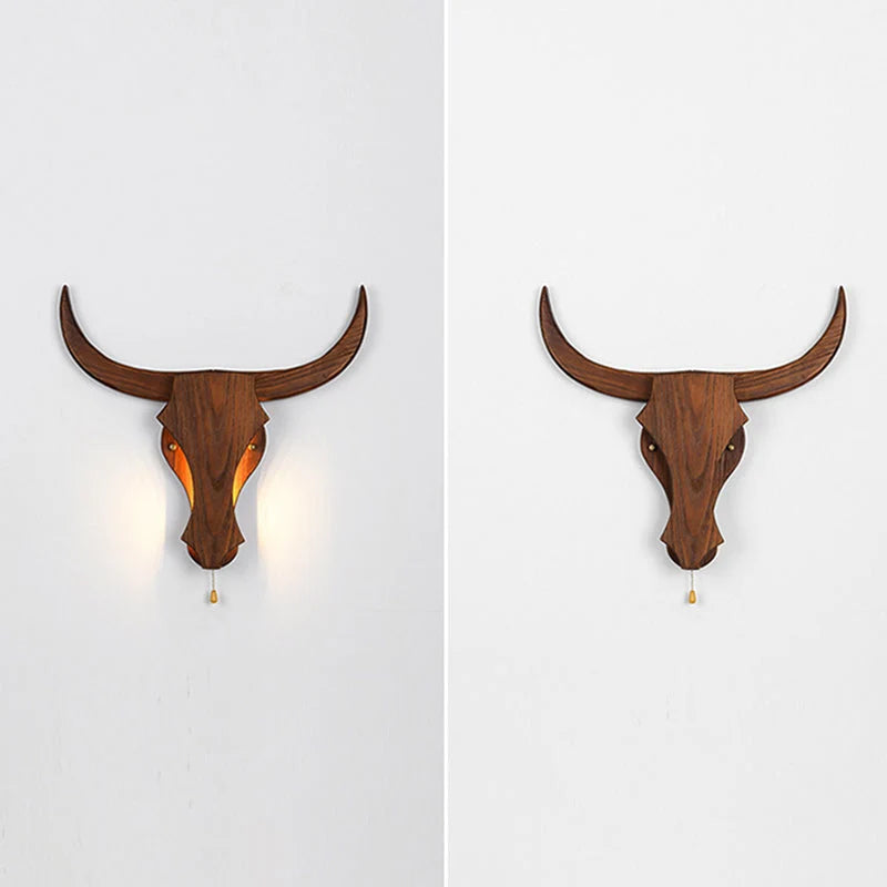 Wall Lamp | Rustic Solid Wood Cow Head & Built-In LED | 52 cm Wide