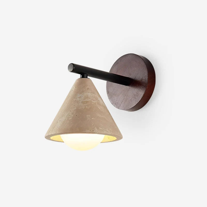 Wall Lamp | Travertine Shade, Wood Backplate & Frosted Glass Globe | Hardwired