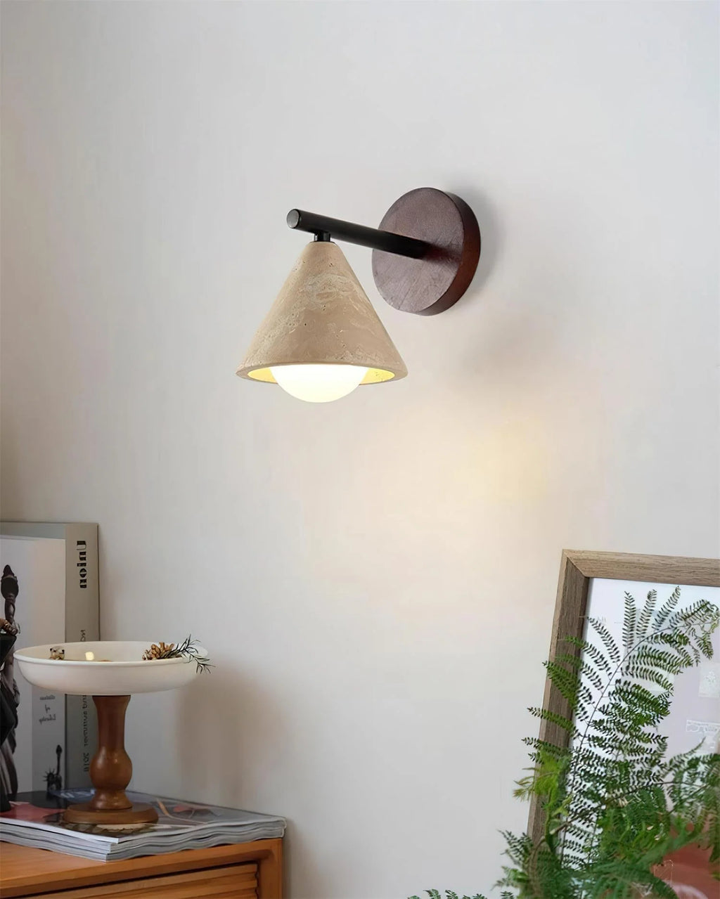 Wall Lamp | Travertine Shade, Wood Backplate & Frosted Glass Globe | Hardwired