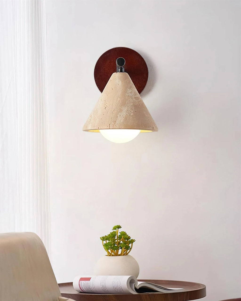 Wall Lamp | Travertine Shade, Wood Backplate & Frosted Glass Globe | Hardwired