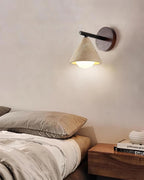 Wall Lamp | Travertine Shade, Wood Backplate & Frosted Glass Globe | Hardwired