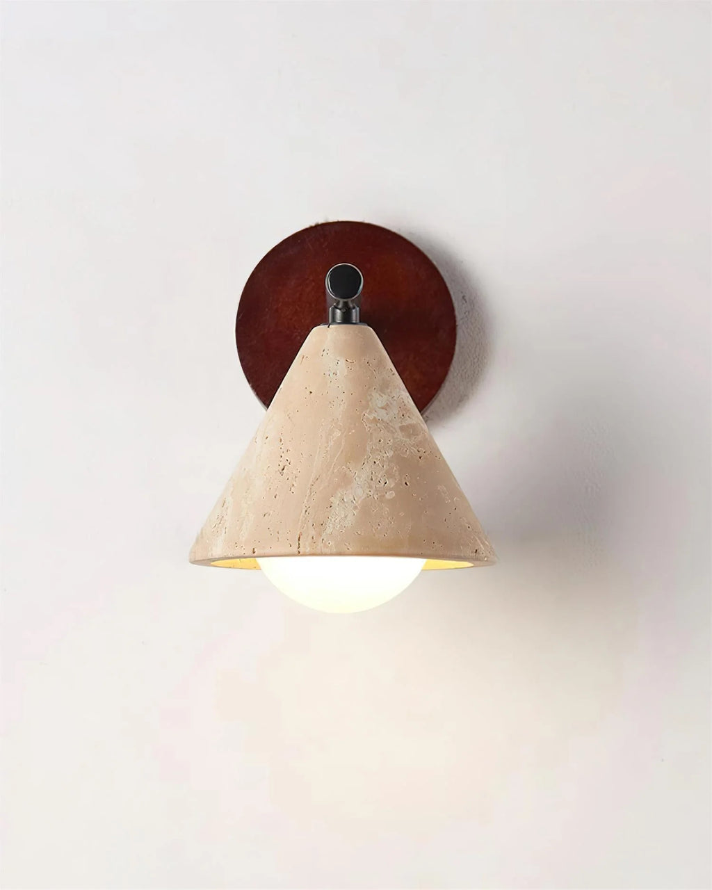 Wall Lamp | Travertine Shade, Wood Backplate & Frosted Glass Globe | Hardwired