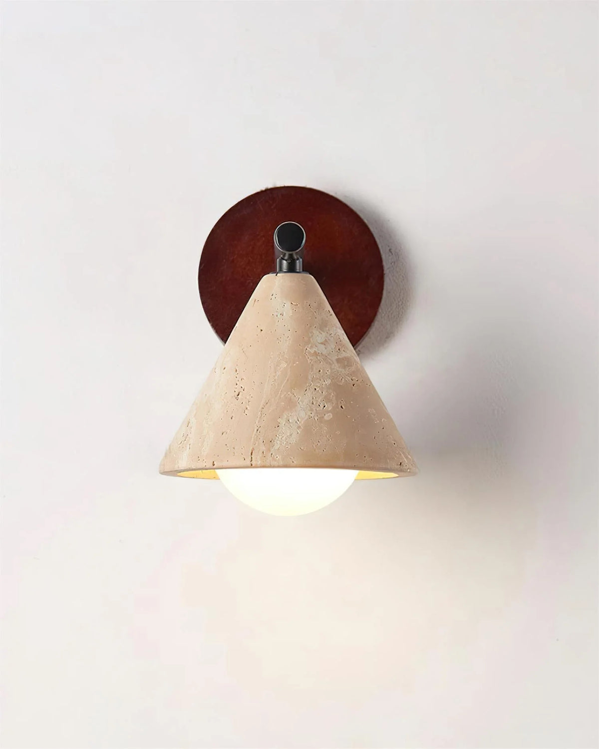 Wall Lamp | Travertine Shade, Wood Backplate & Frosted Glass Globe | Hardwired