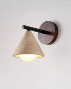 Wall Lamp | Travertine Shade, Wood Backplate & Frosted Glass Globe | Hardwired