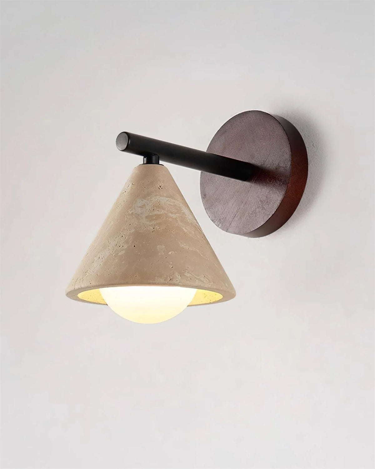 Wall Lamp | Travertine Shade, Wood Backplate & Frosted Glass Globe | Hardwired