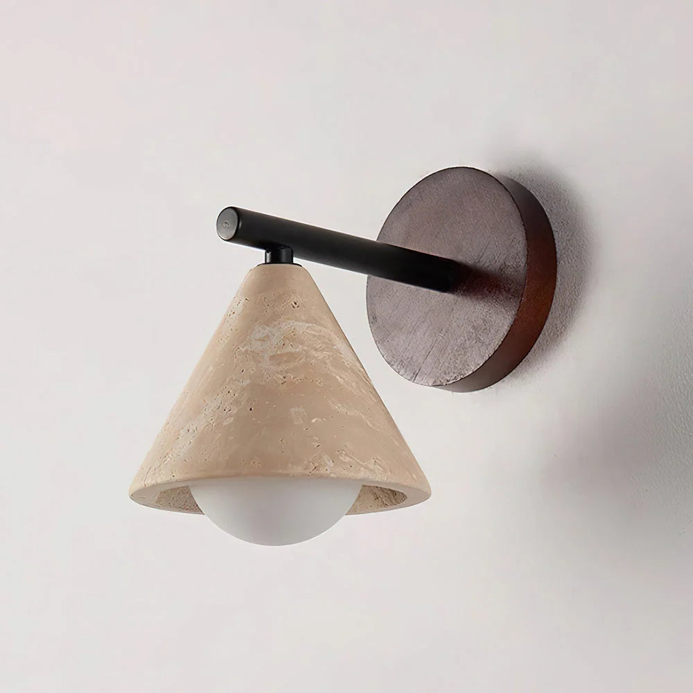 Wall Lamp | Travertine Shade, Wood Backplate & Frosted Glass Globe | Hardwired