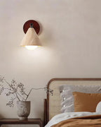 Wall Lamp | Travertine Shade, Wood Backplate & Frosted Glass Globe | Hardwired