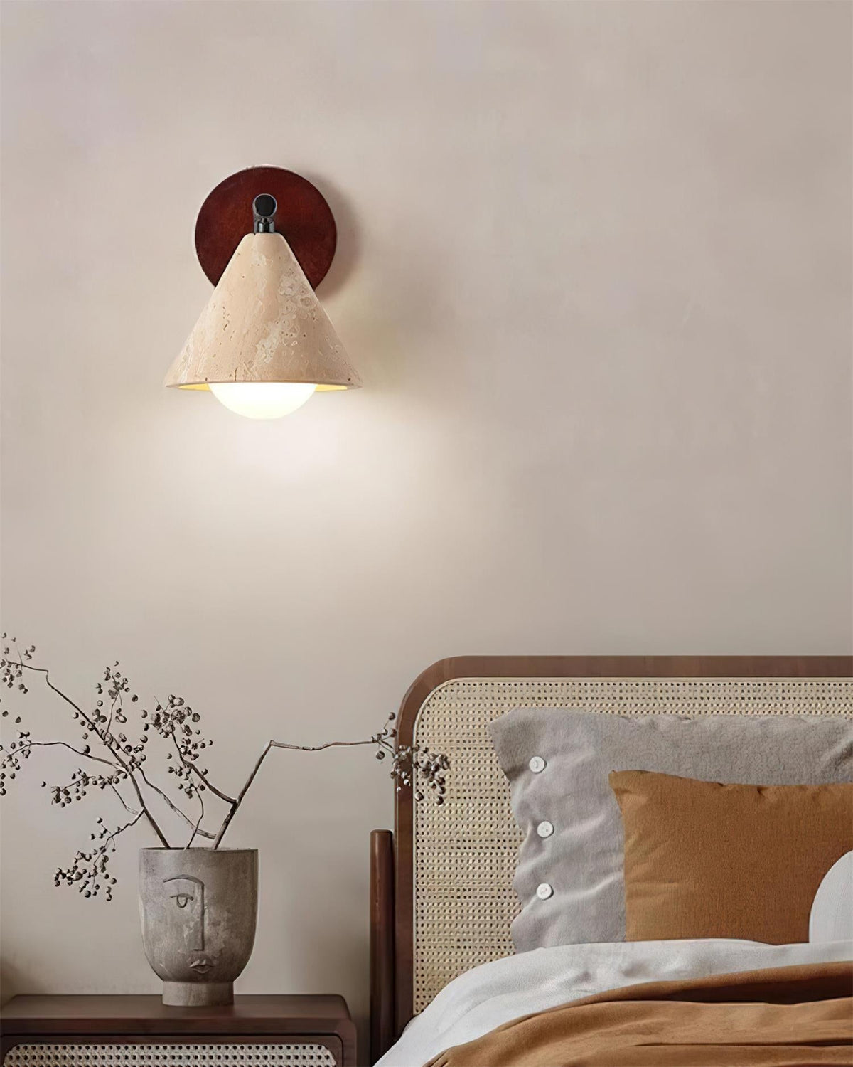 Wall Lamp | Travertine Shade, Wood Backplate & Frosted Glass Globe | Hardwired