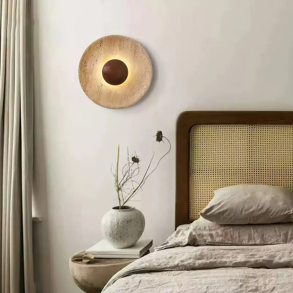 Wall Lamp | Travertine Stone & Wood Halo | 25 cm Diameter