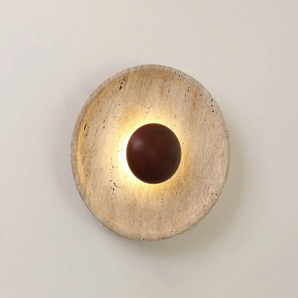Wall Lamp | Travertine Stone & Wood Halo | 25 cm Diameter