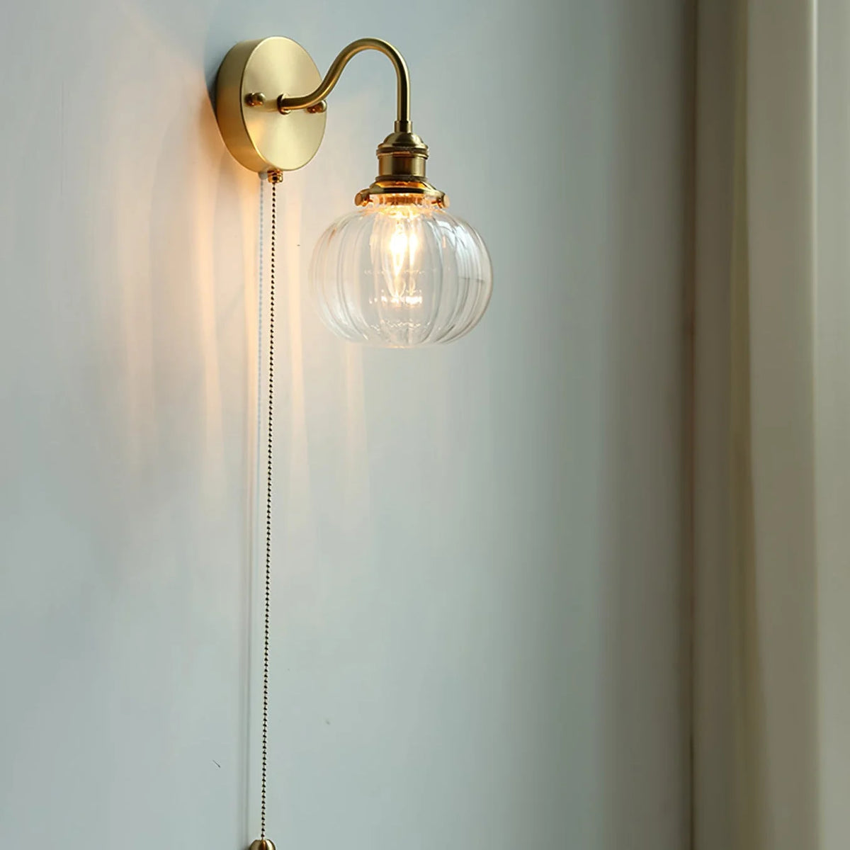 Wall Lamp | Vintage Glass Shade & Brass Finish | Pull Chain