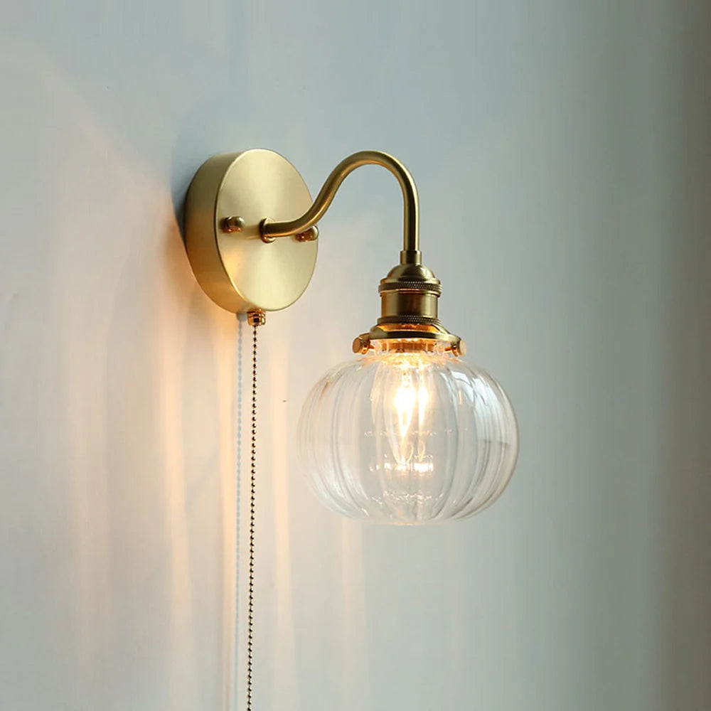 Wall Lamp | Vintage Glass Shade & Brass Finish | Pull Chain